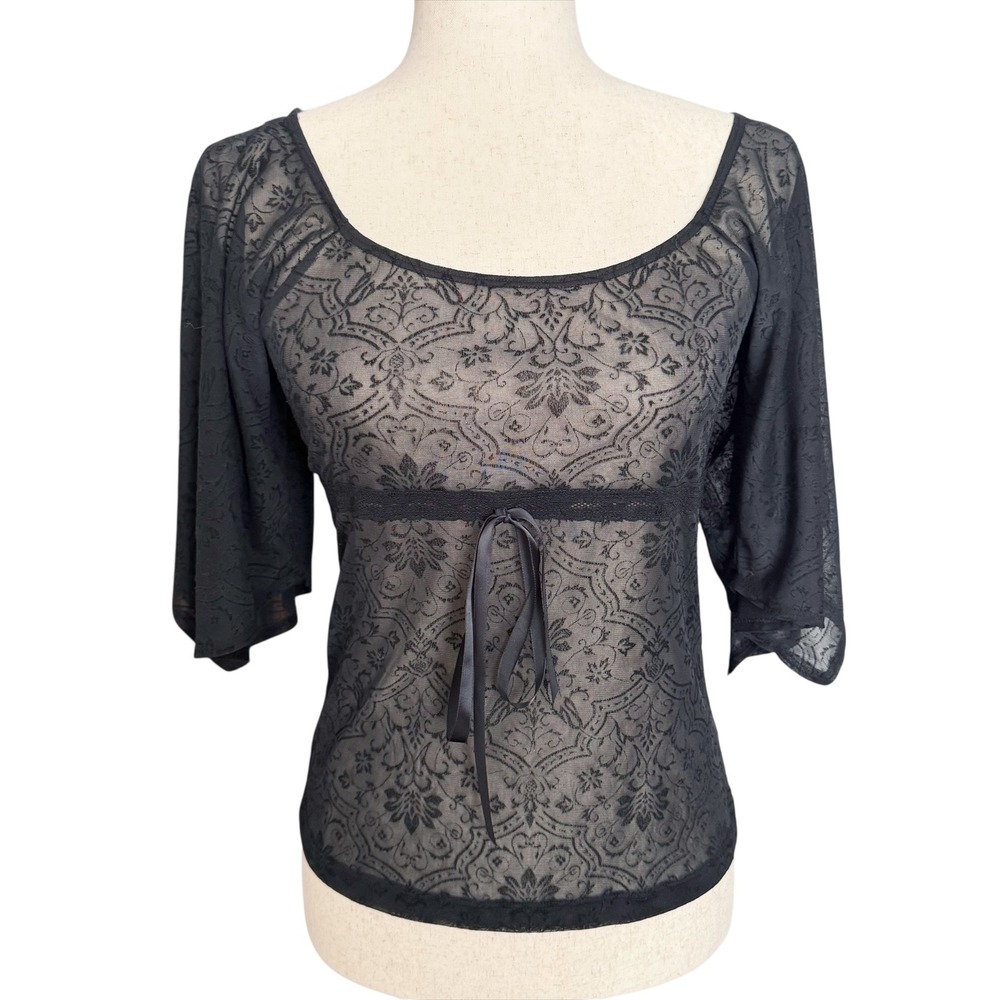 EYE CANDY Black Lace Floral Sheer Y2K Vintage Top Small Sz 4 6 Witchy whimsigoth